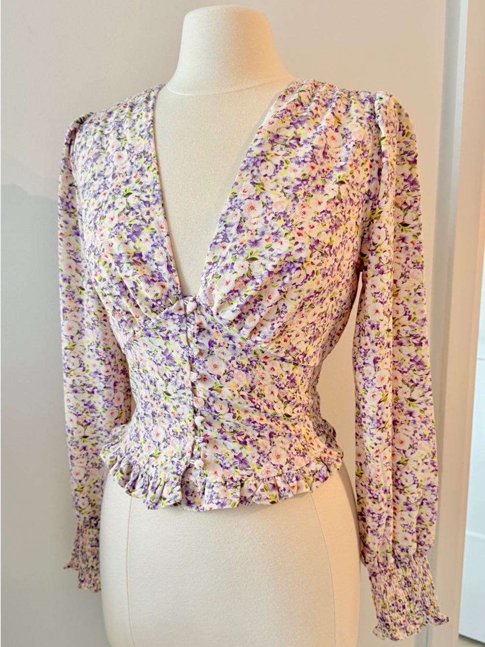 Heartloom Floral Corset-Style Blouse Smocked Waist Button Front Size S - Picture 5 of 9